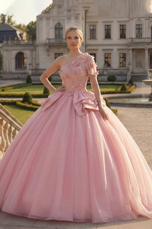 Pink Floral One Shoulder Princess Long Quinceanera Dress with Ruffles