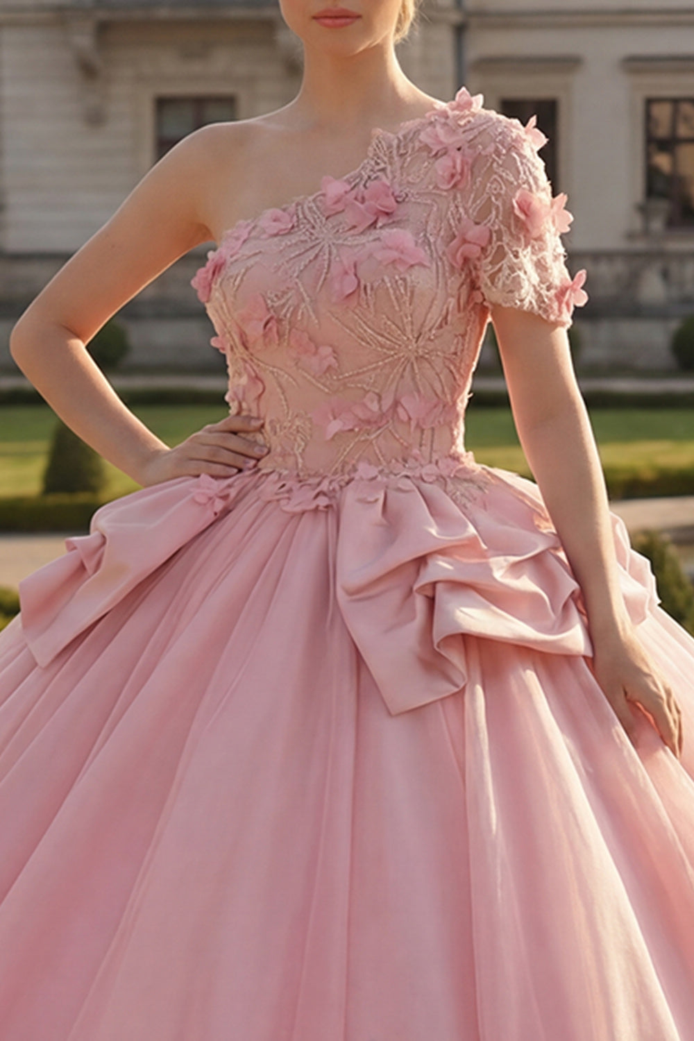 Pink Floral One Shoulder Princess Long Quinceanera Dress with Ruffles