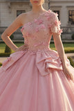 Pink Floral One Shoulder Princess Long Quinceanera Dress with Ruffles