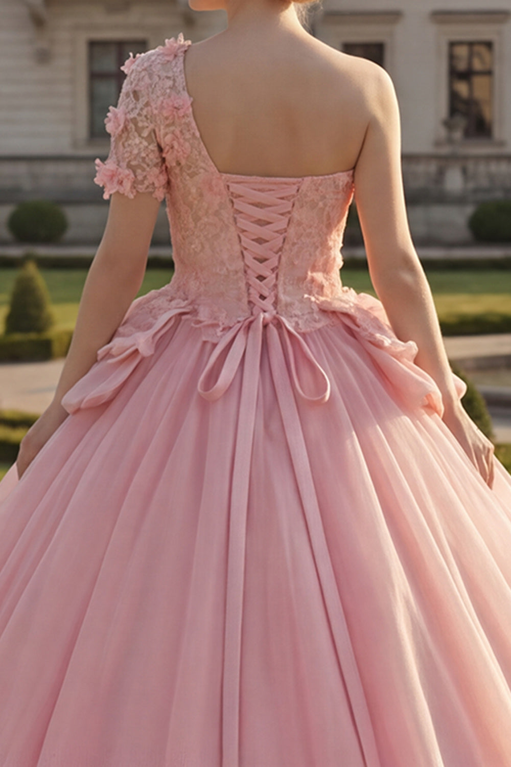 Pink Floral One Shoulder Princess Long Quinceanera Dress with Ruffles