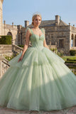 Mint Green Beaded Long Corset Glitter Princess Quinceanera Dress with Ruffles