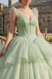 Mint Green Beaded Long Corset Glitter Princess Quinceanera Dress with Ruffles