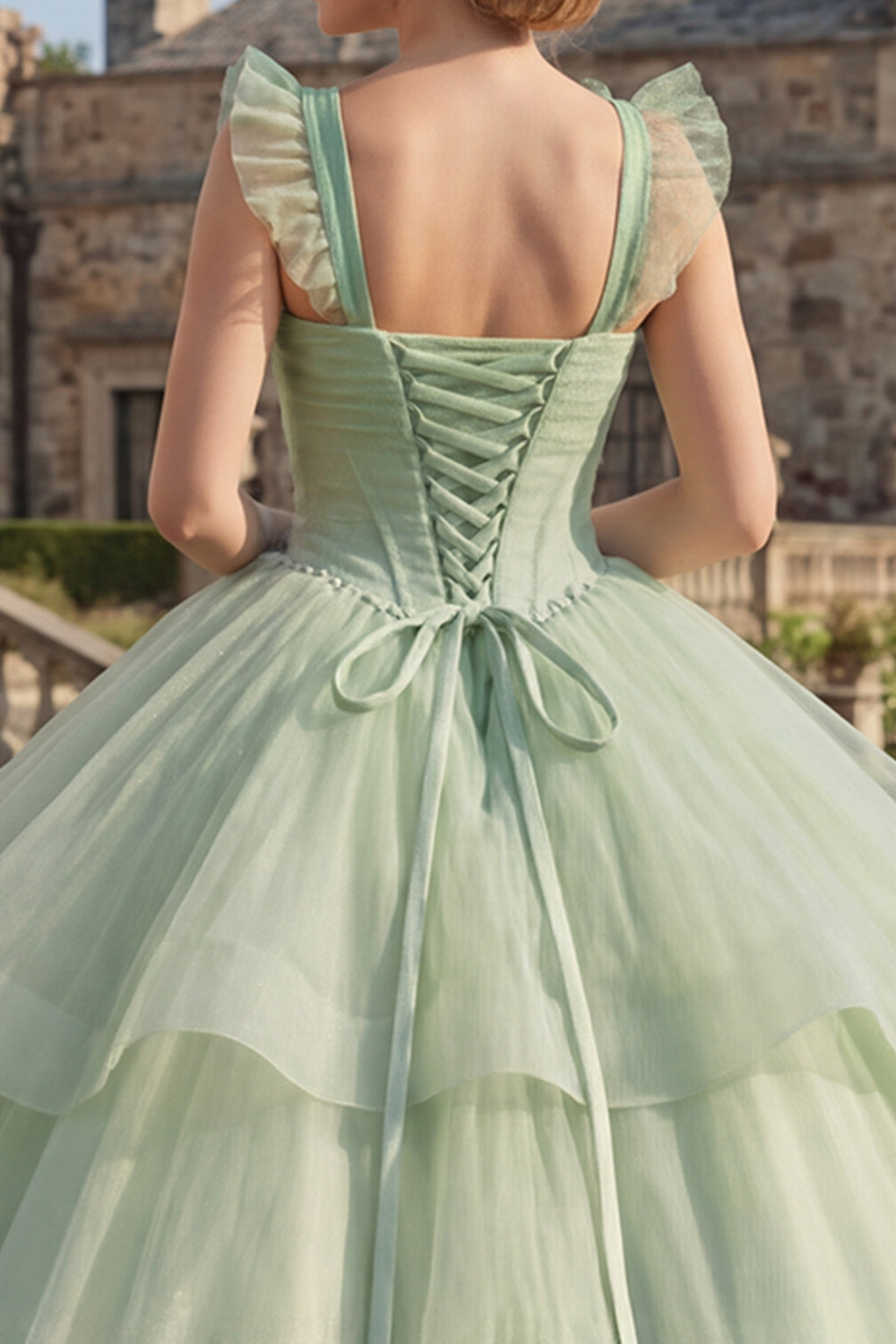 Mint Green Beaded Long Corset Glitter Princess Quinceanera Dress with Ruffles