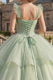 Mint Green Beaded Long Corset Glitter Princess Quinceanera Dress with Ruffles