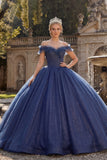 Glitter Off the Shoulder Princess Long Navy Quinceanera Dress with Ruffles