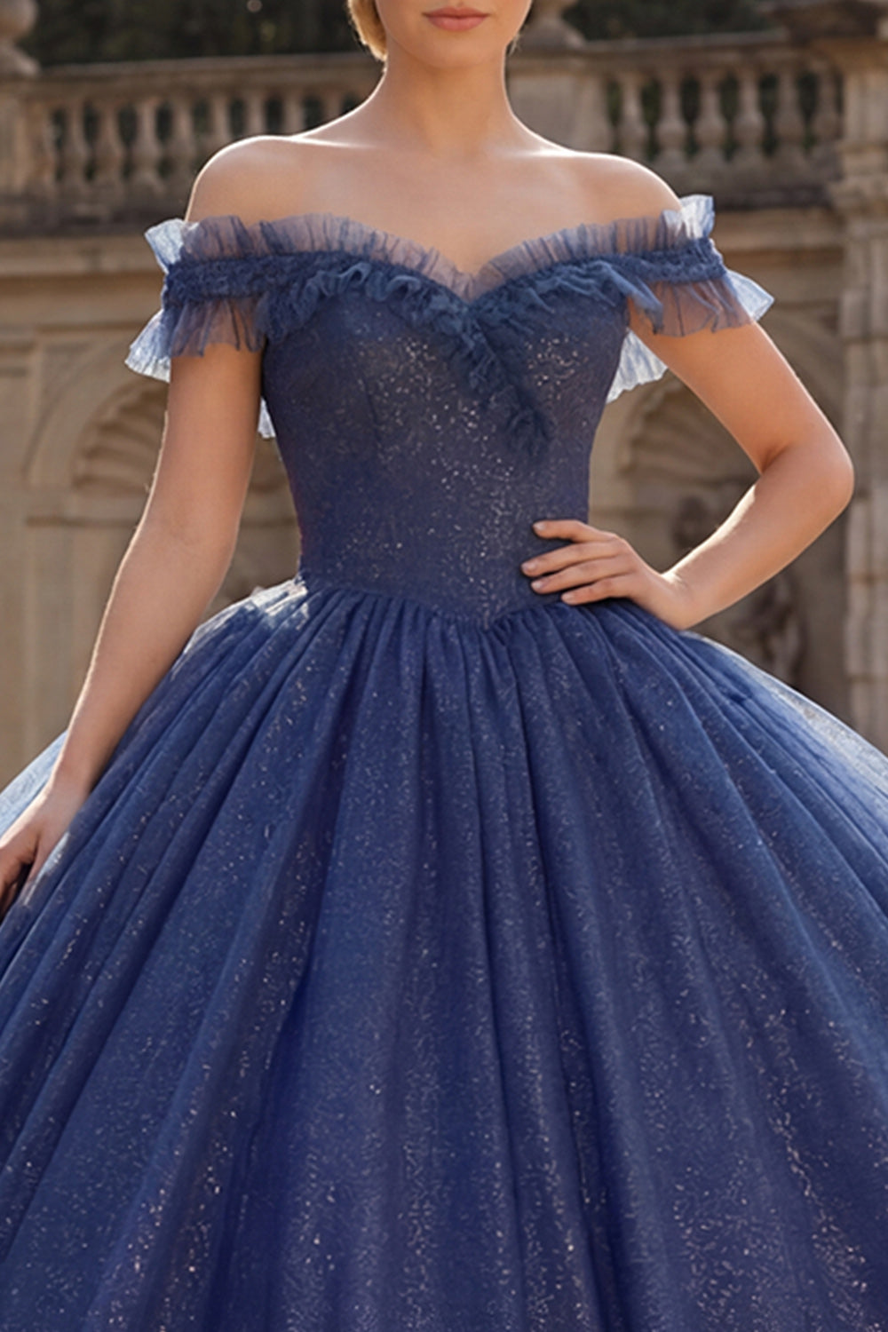 Glitter Off the Shoulder Princess Long Navy Quinceanera Dress with Ruffles