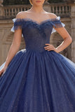 Glitter Off the Shoulder Princess Long Navy Quinceanera Dress with Ruffles