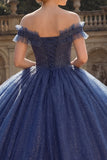 Glitter Off the Shoulder Princess Long Navy Quinceanera Dress with Ruffles