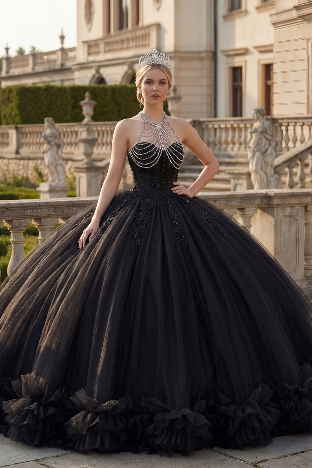 Halter Backless Princess Sparkly Black Long Quinceanera Dress with Beading