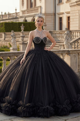 Halter Backless Princess Sparkly Black Long Quinceanera Dress with Beading