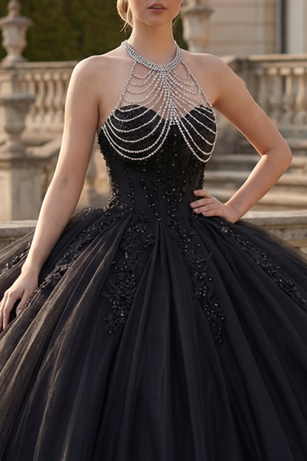 Halter Backless Princess Sparkly Black Long Quinceanera Dress with Beading