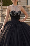 Halter Backless Princess Sparkly Black Long Quinceanera Dress with Beading
