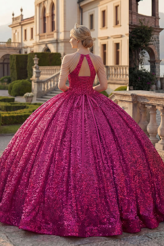 Sparkly Fuchsia Sequin Long Princess Quinceanera Dress with Beading