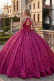 Sparkly Fuchsia Sequin Long Princess Quinceanera Dress with Beading