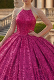 Sparkly Fuchsia Sequin Long Princess Quinceanera Dress with Beading