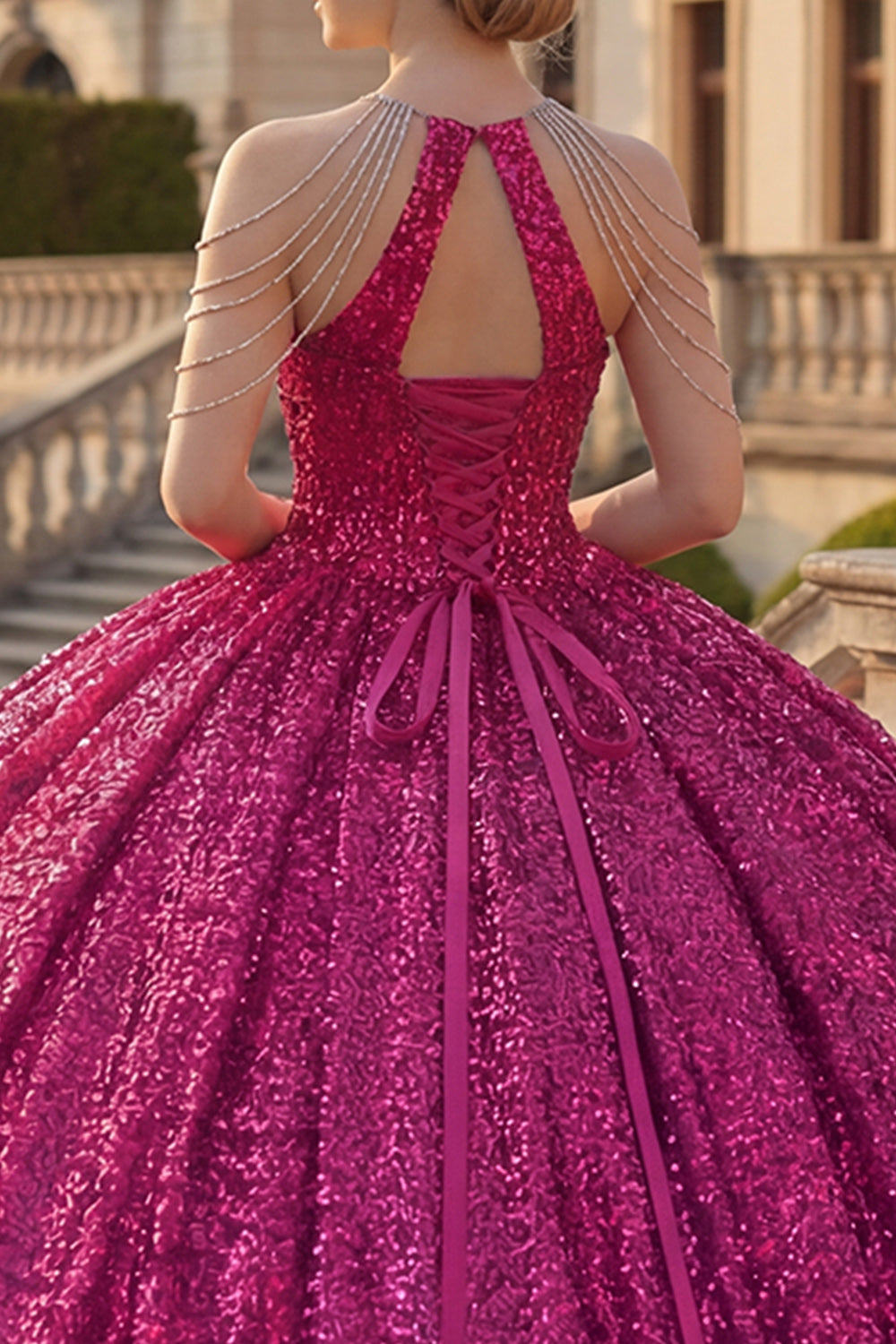 Sparkly Fuchsia Sequin Long Princess Quinceanera Dress with Beading