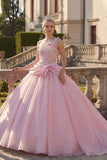 Ruched Pink Floral One Shoulder Princess Long Quinceanera Dress with Beading