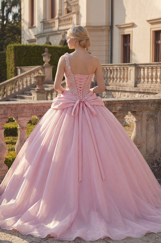 Ruched Pink Floral One Shoulder Princess Long Quinceanera Dress with Beading