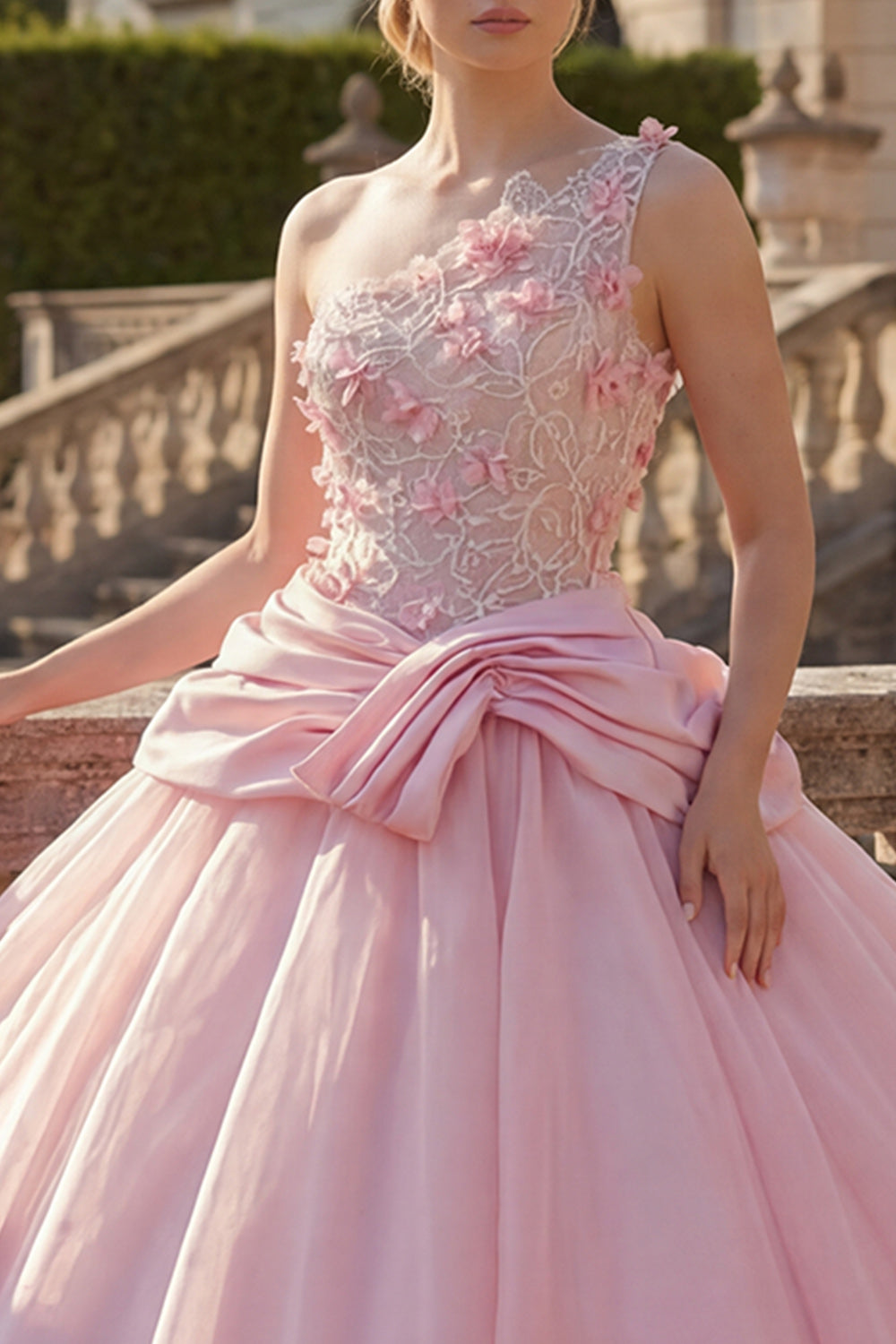 Ruched Pink Floral One Shoulder Princess Long Quinceanera Dress with Beading