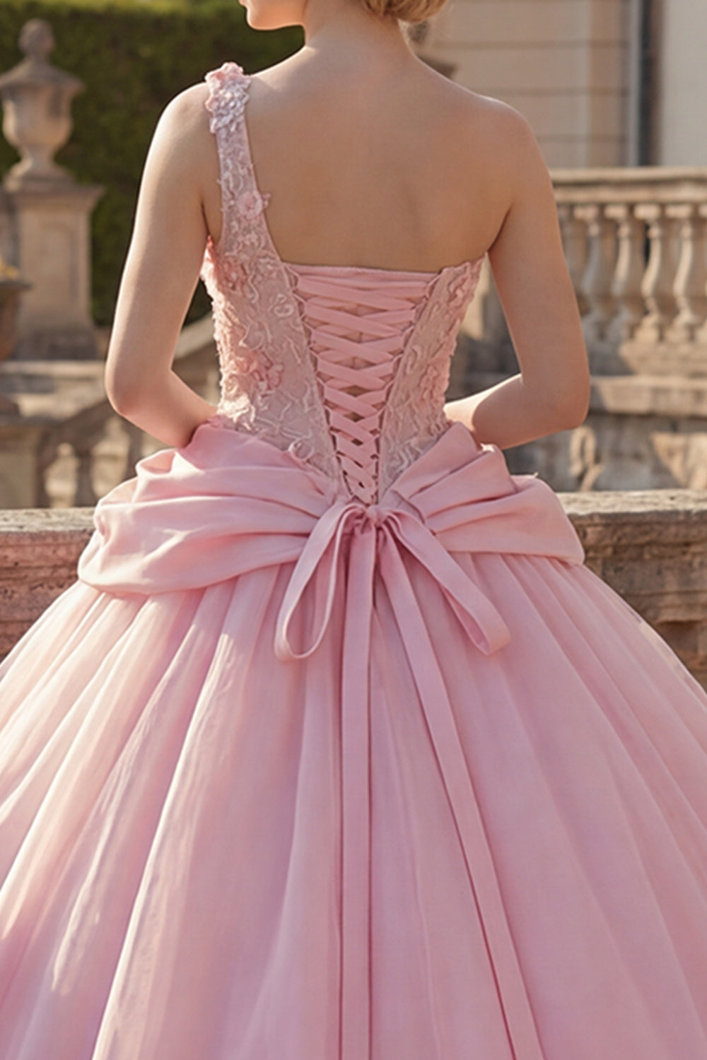 Ruched Pink Floral One Shoulder Princess Long Quinceanera Dress with Beading