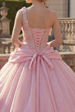 Ruched Pink Floral One Shoulder Princess Long Quinceanera Dress with Beading