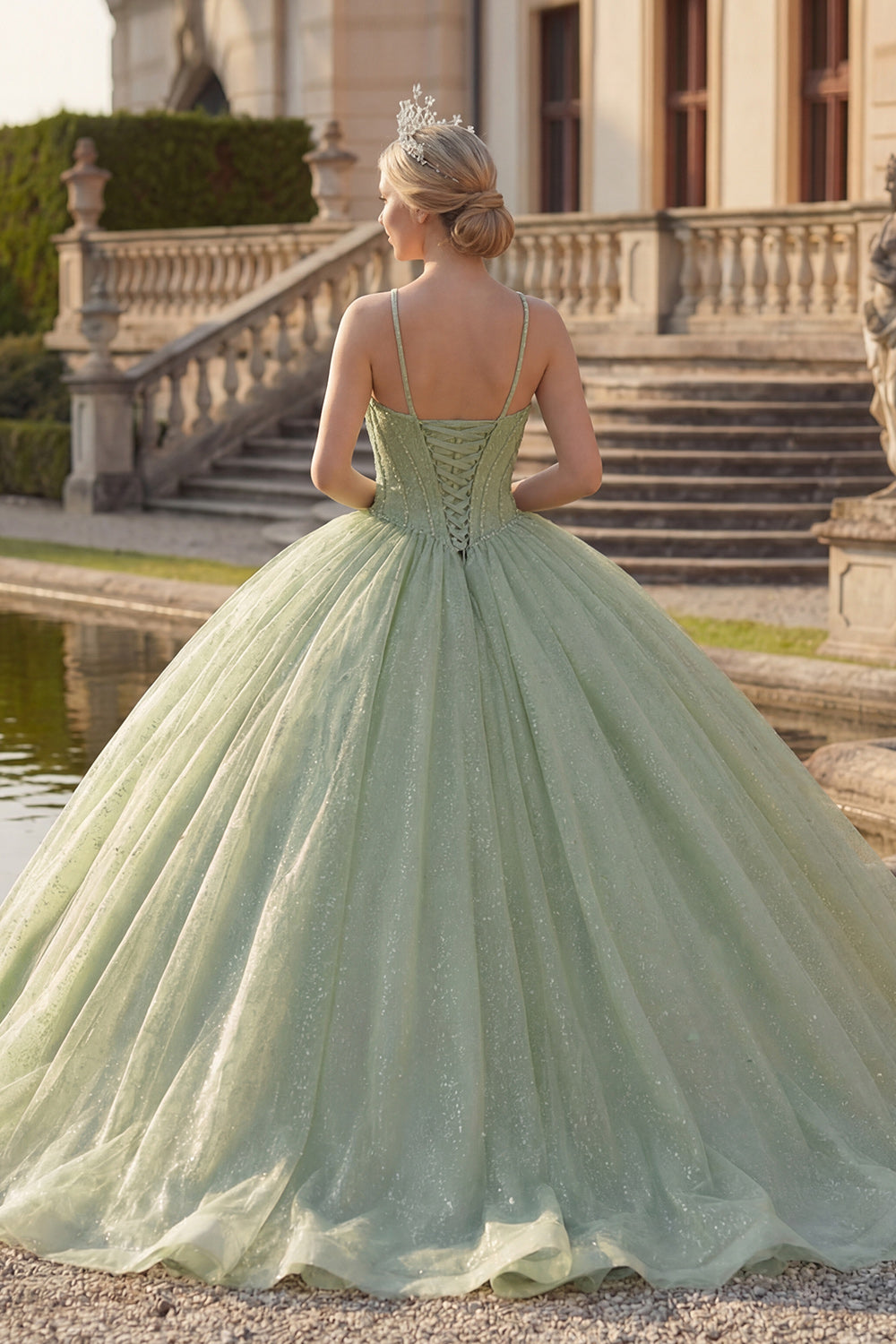 Corset Glitter Mint Green Long Princess Halter Quinceanera Dress with Beading
