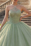 Corset Glitter Mint Green Long Princess Halter Quinceanera Dress with Beading