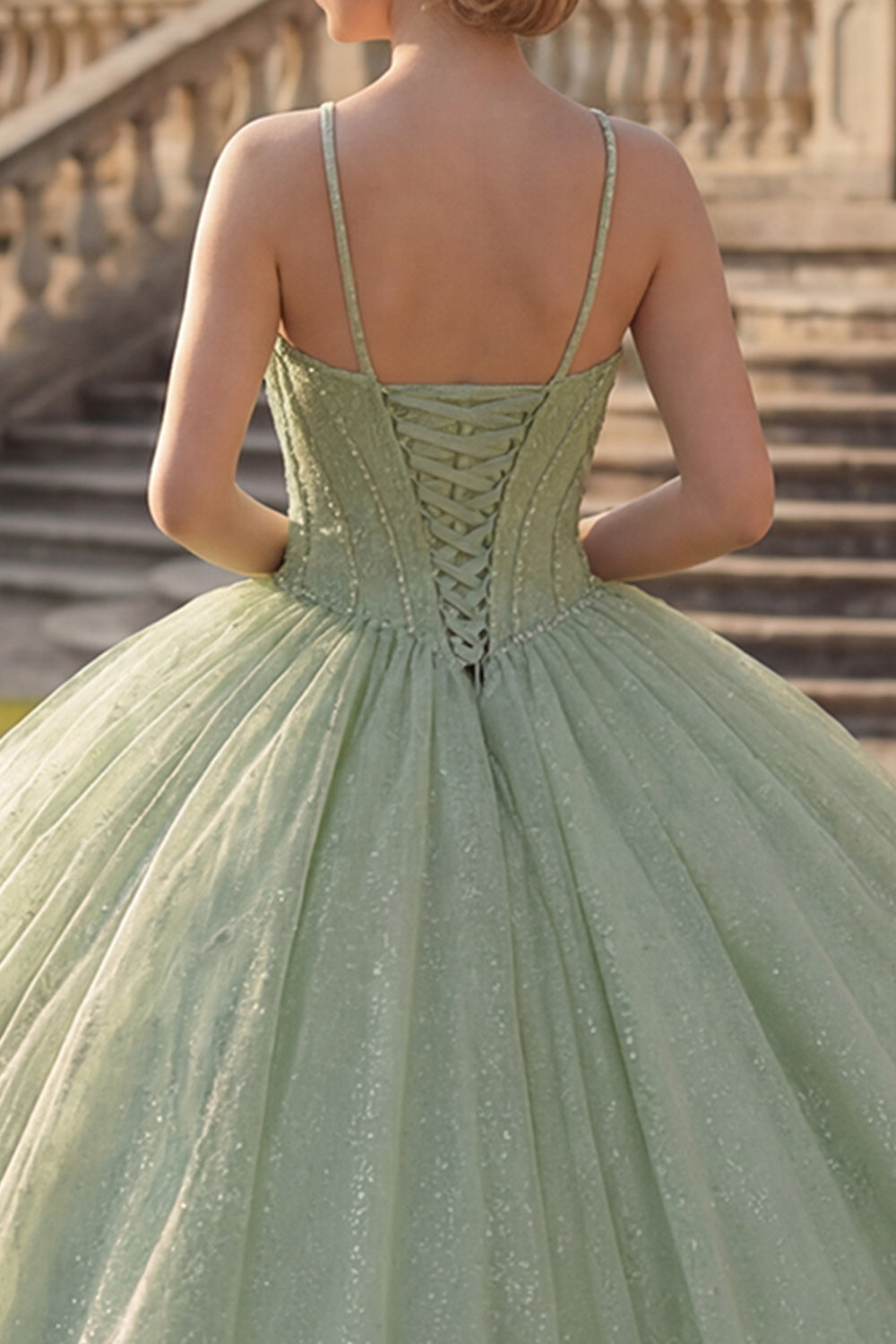 Corset Glitter Mint Green Long Princess Halter Quinceanera Dress with Beading