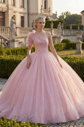 Ruffled Pink Princess Glitter Long Quinceanera Dress with Lace