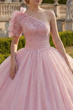 Ruffled Pink Princess Glitter Long Quinceanera Dress with Lace