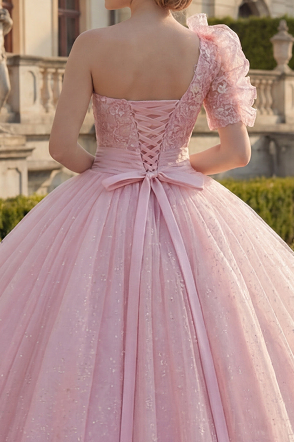 Ruffled Pink Princess Glitter Long Quinceanera Dress with Lace