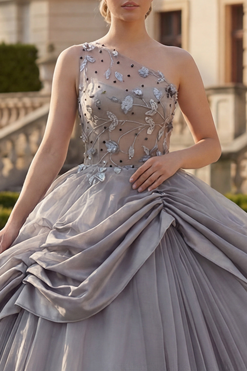 Light Grey Ruched Beaded Princess Long Quinceanera Dress