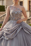 Light Grey Ruched Beaded Princess Long Quinceanera Dress