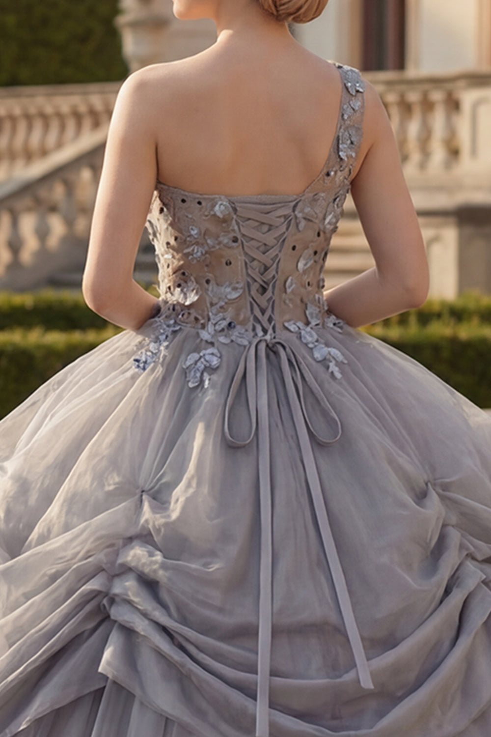 Light Grey Ruched Beaded Princess Long Quinceanera Dress
