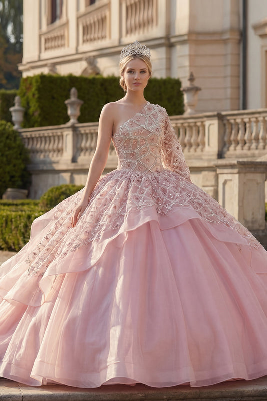 One Shoulder Sparkly Pink Princess Beaded Long Quinceanera Dress with Ruffles