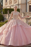 One Shoulder Sparkly Pink Princess Beaded Long Quinceanera Dress with Ruffles