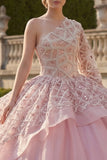 One Shoulder Sparkly Pink Princess Beaded Long Quinceanera Dress with Ruffles