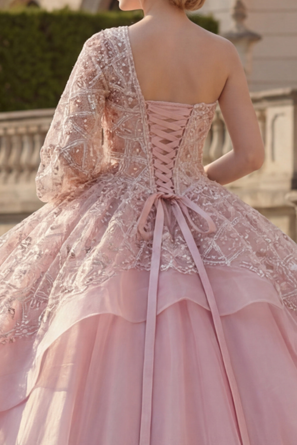 One Shoulder Sparkly Pink Princess Beaded Long Quinceanera Dress with Ruffles