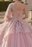 One Shoulder Sparkly Pink Princess Beaded Long Quinceanera Dress with Ruffles