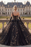 Sequin One Shoulder Princess Black Beaded Long Quinceanera Dress