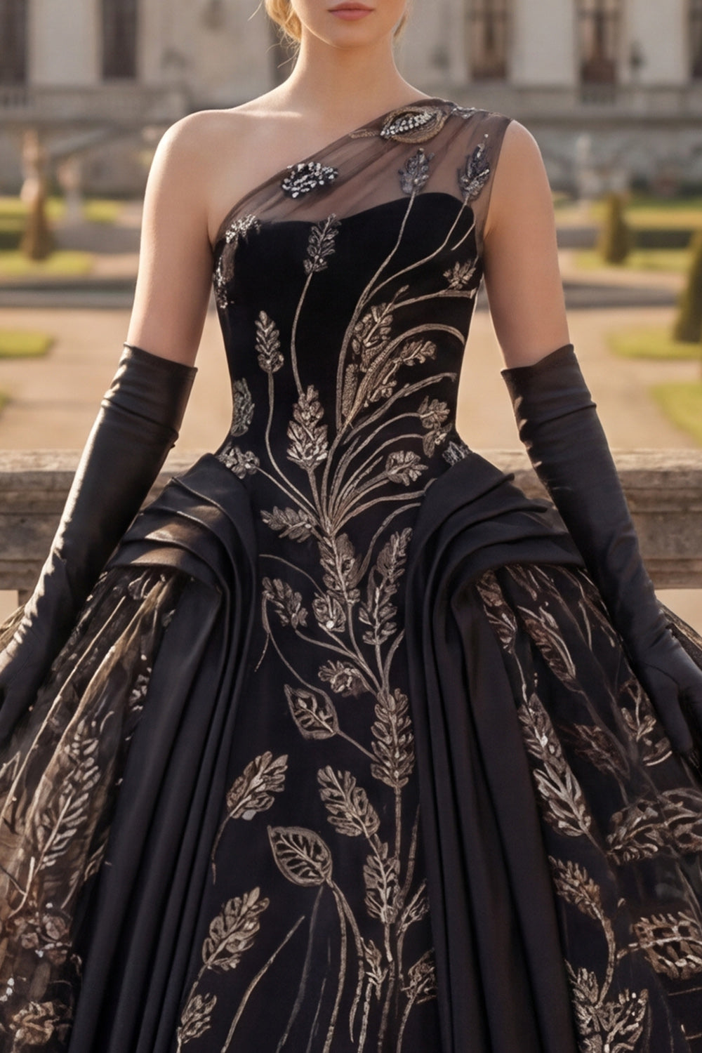 Sequin One Shoulder Princess Black Beaded Long Quinceanera Dress