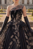 Sequin One Shoulder Princess Black Beaded Long Quinceanera Dress