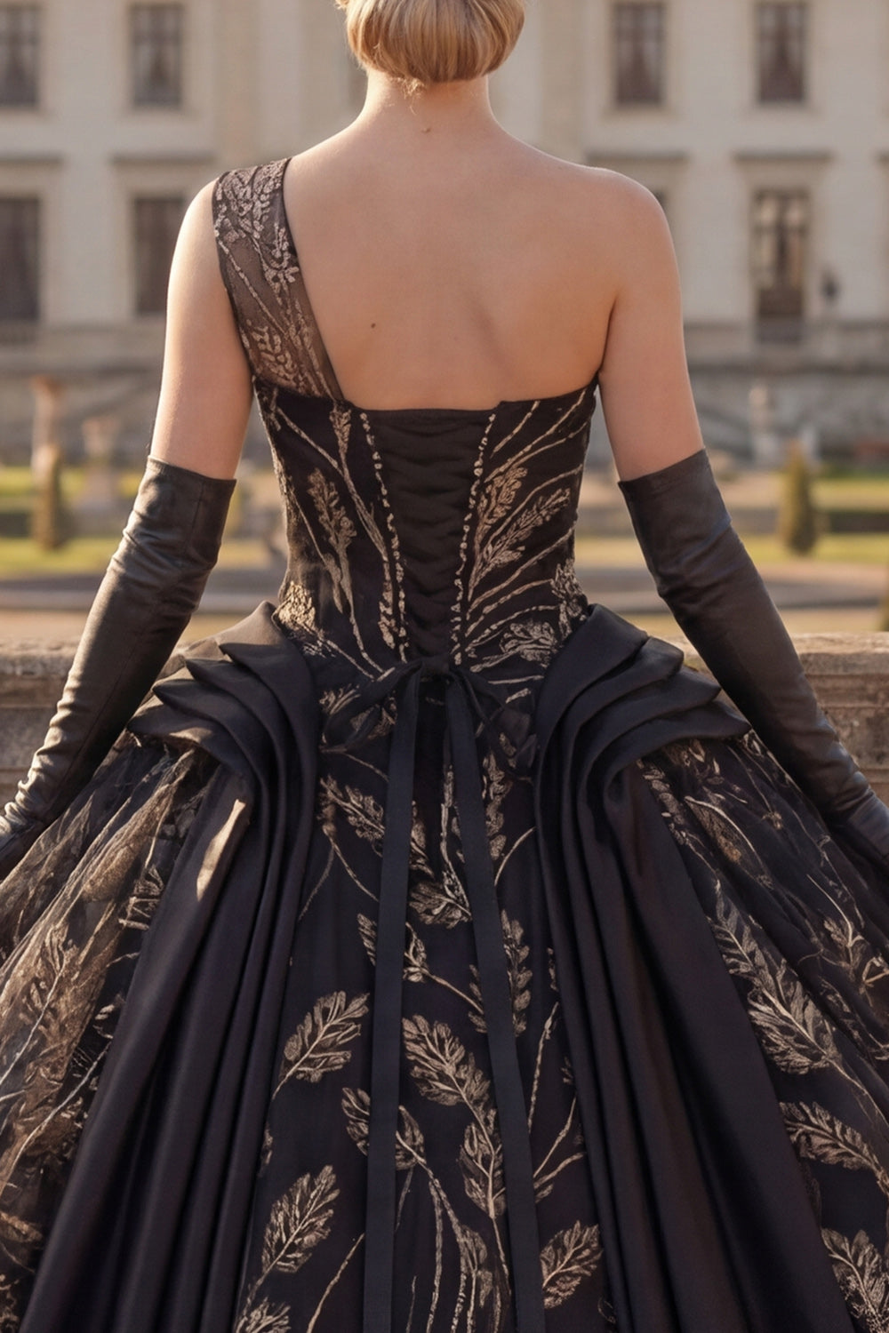 Sequin One Shoulder Princess Black Beaded Long Quinceanera Dress