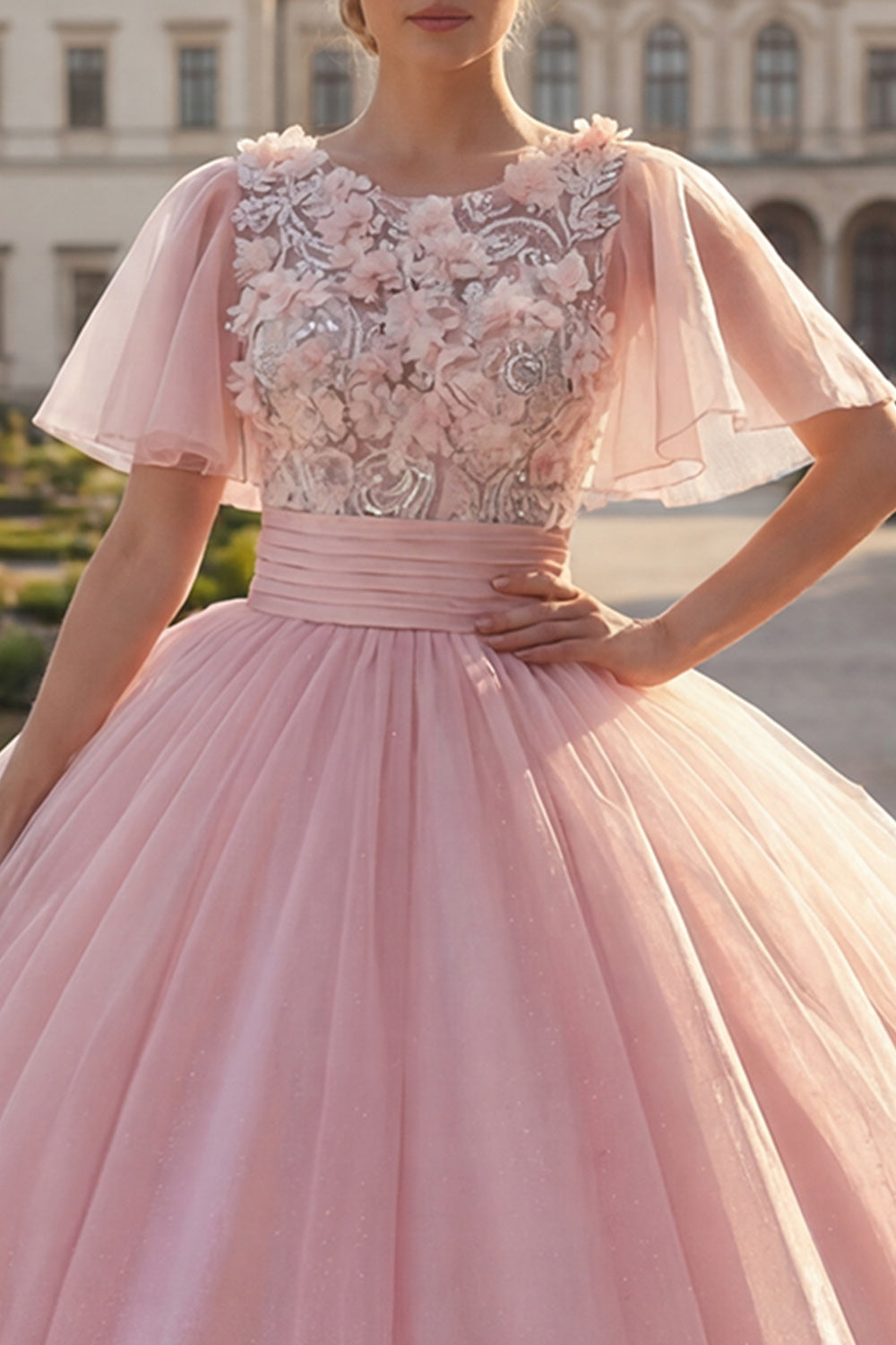 Flutter Sleeves Pink Floral Princess Glitter Long Beaded Quinceanera Dress