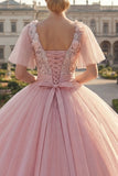 Flutter Sleeves Pink Floral Princess Glitter Long Beaded Quinceanera Dress