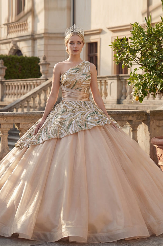 Sparkly Champagne Sequin Ruched One Shoulder Princess Long Quinceanera Dress