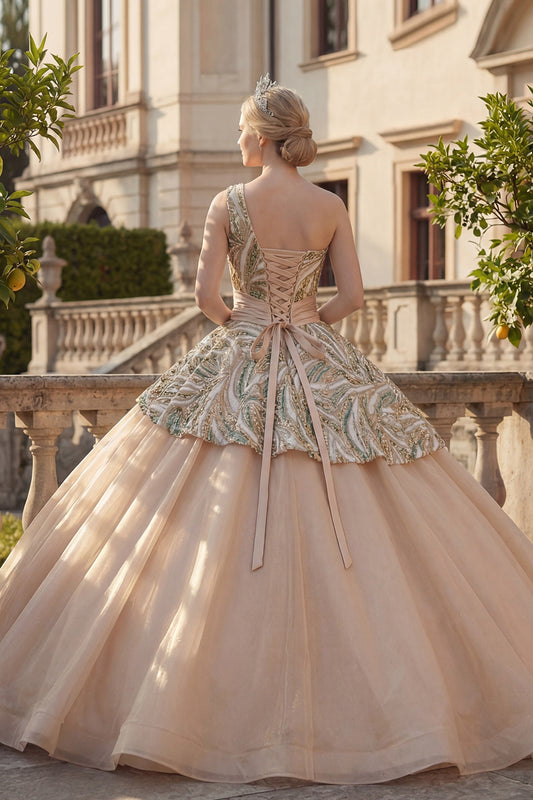 Sparkly Champagne Sequin Ruched One Shoulder Princess Long Quinceanera Dress