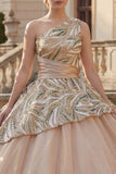 Sparkly Champagne Sequin Ruched One Shoulder Princess Long Quinceanera Dress