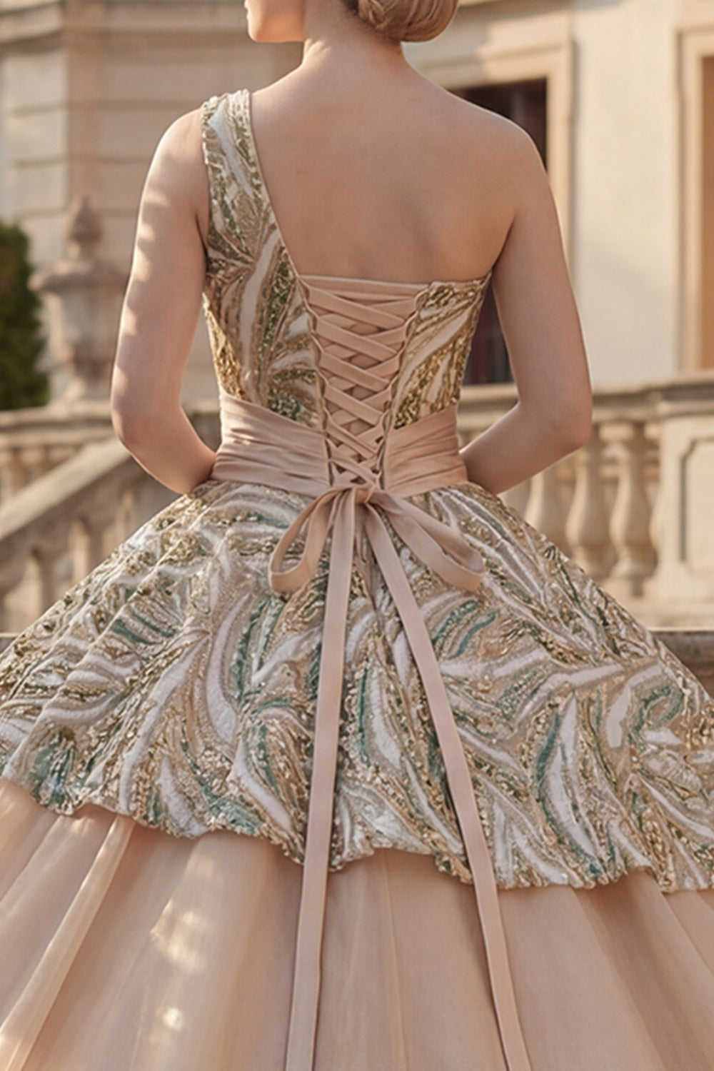 Sparkly Champagne Sequin Ruched One Shoulder Princess Long Quinceanera Dress