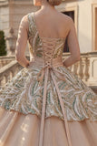 Sparkly Champagne Sequin Ruched One Shoulder Princess Long Quinceanera Dress